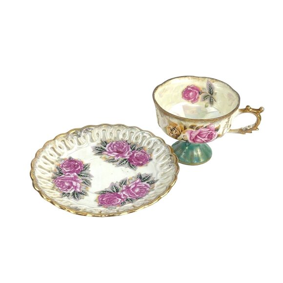 Vintage Lusterware Gilded Fine China Pearlized Tea Cup Reticulated Saucer Japan - Picture 9 of 9